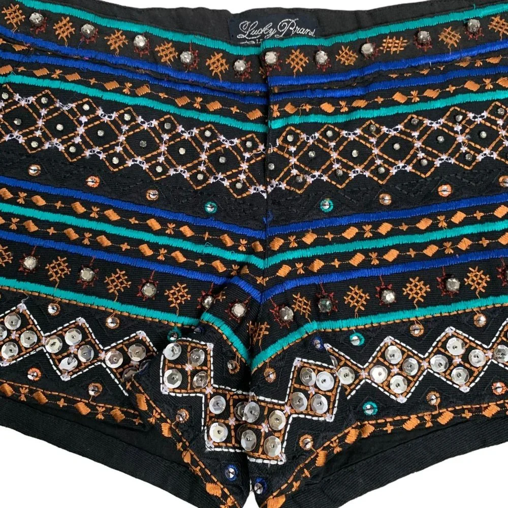 Lucky Brand Embroidered Sequin Shorts S Black Mid Rise Zip Rhinestones Cotton - Picture 2 of 6